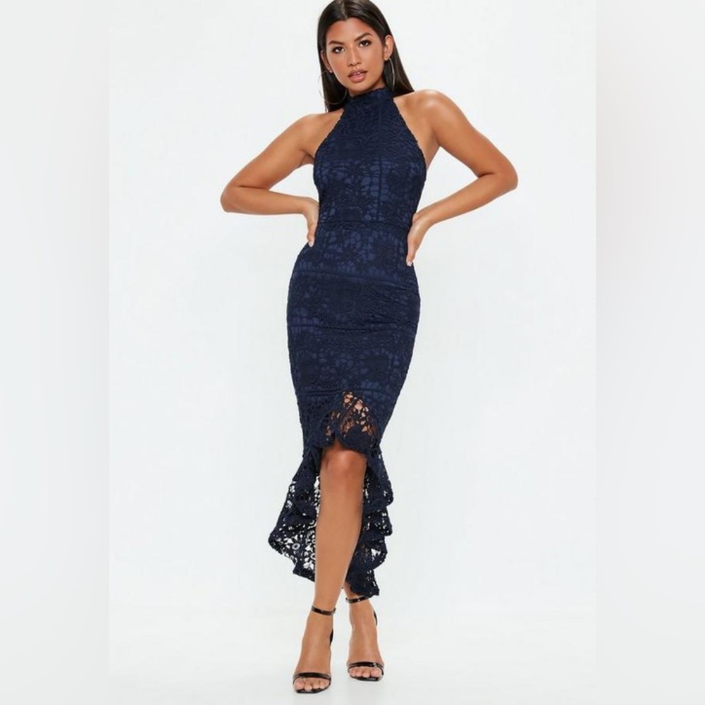 Missguided -  Blue Lace High Neck Fishtail Midi Dress